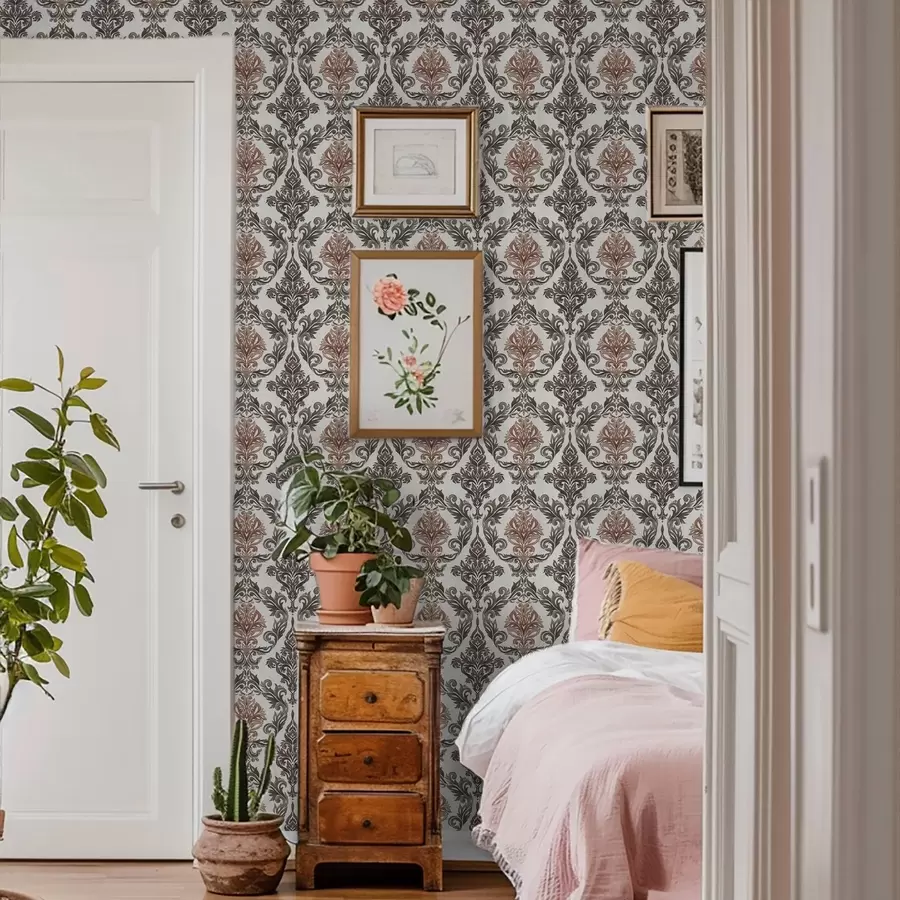 fototapet Damasc cu accente maro-cupru pe fond deschis a00828v4