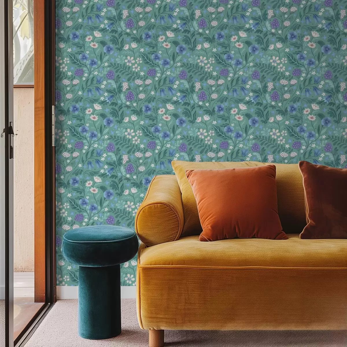 Wallpaper Flori sălbatice și fructe de pădure pe fundal de mentă delicată a00849