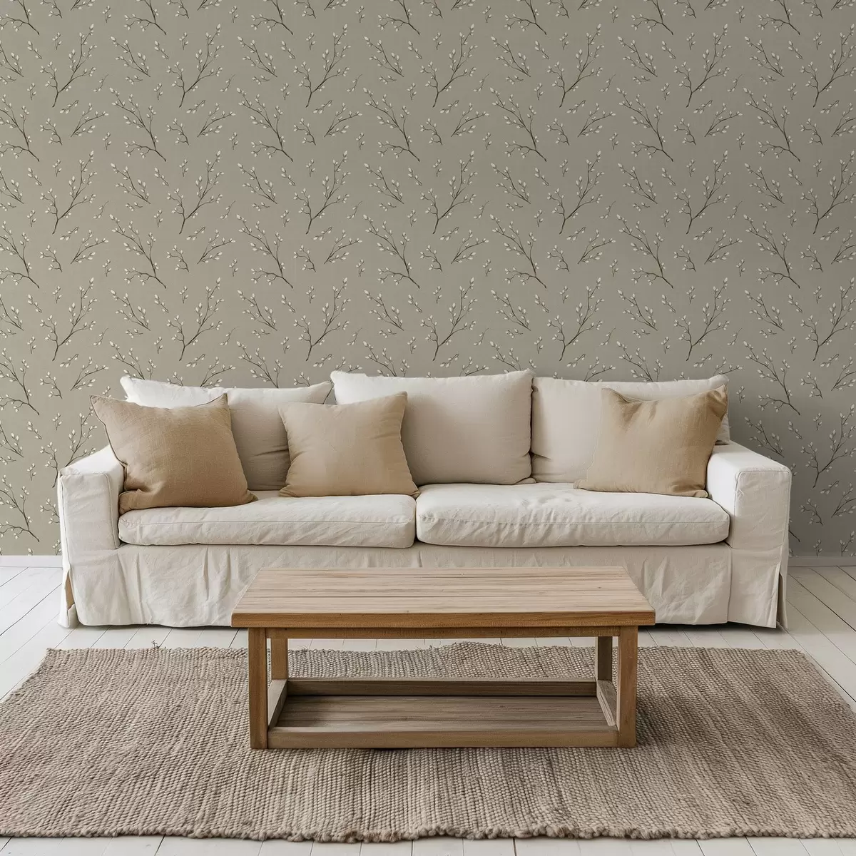 Wallpaper Crenguțe cu muguri albi pe fundal de culoare gri-bej a00861