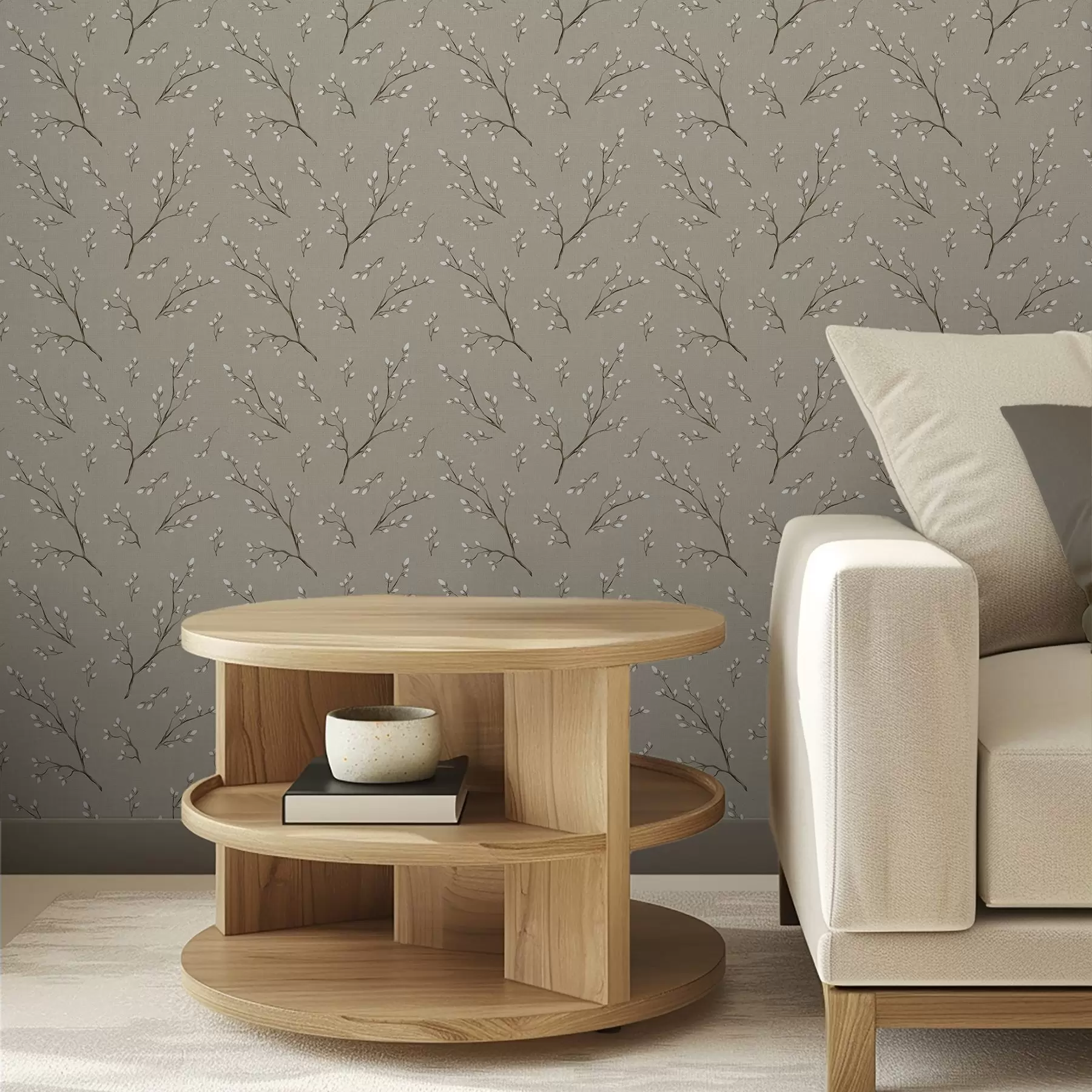 fototapet Crenguțe cu muguri albi pe fundal de culoare gri-bej a00861