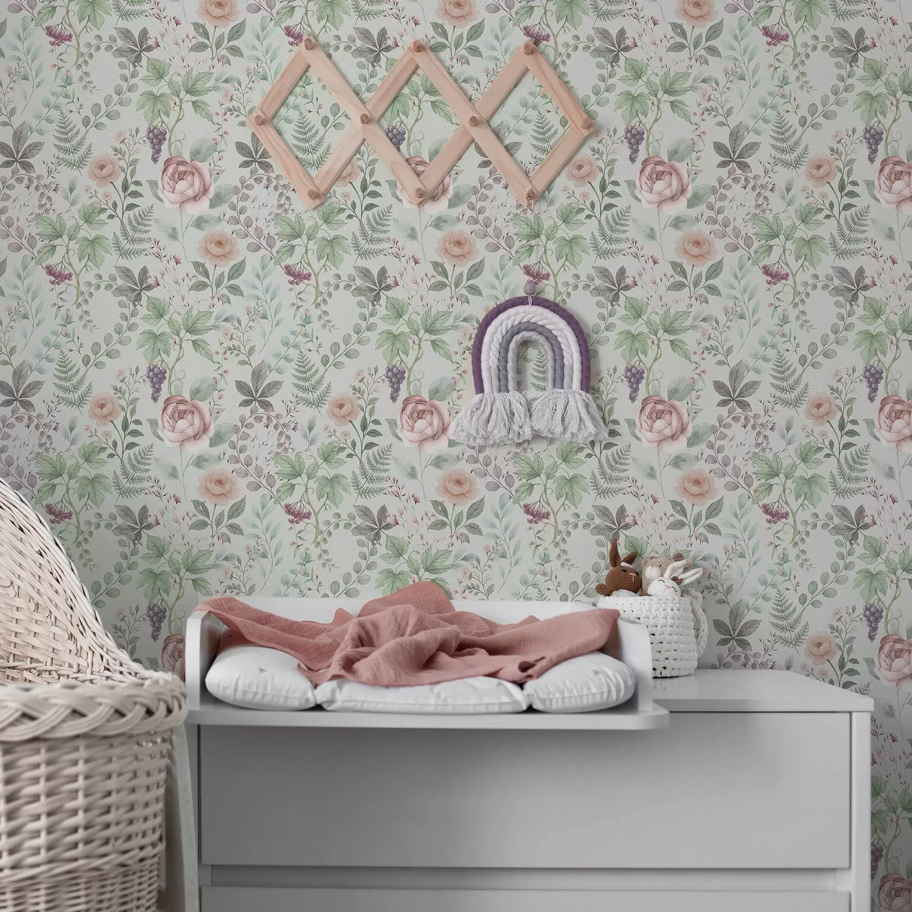 fototapet Grădină pastelată cu trandafiri, ferigi și struguri a00867