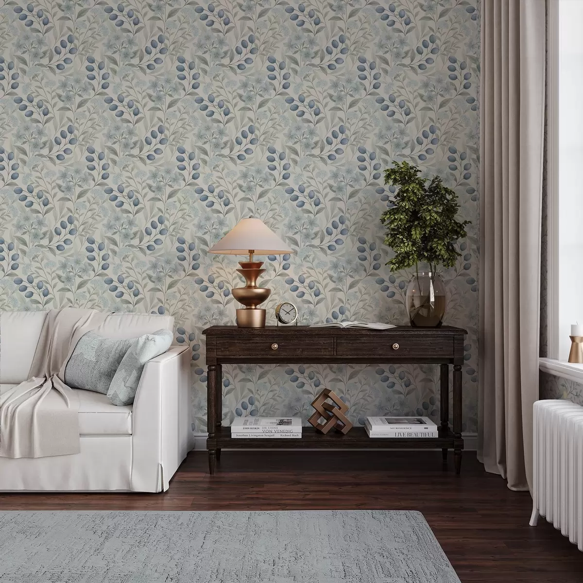 Wallpaper Boabe albastre și flori deschise pe fond de fildeș a00872