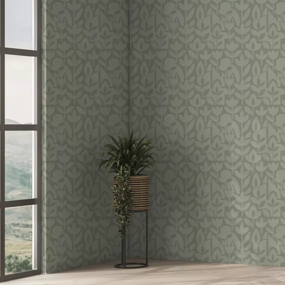 Wallpaper Siluete florale geometrice în nuanțe delicate de salvie a00875v1