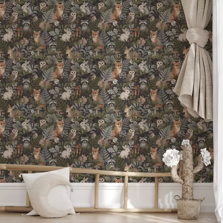 fototapet Animale din pădure și ferigi pe cărbune intens a00880