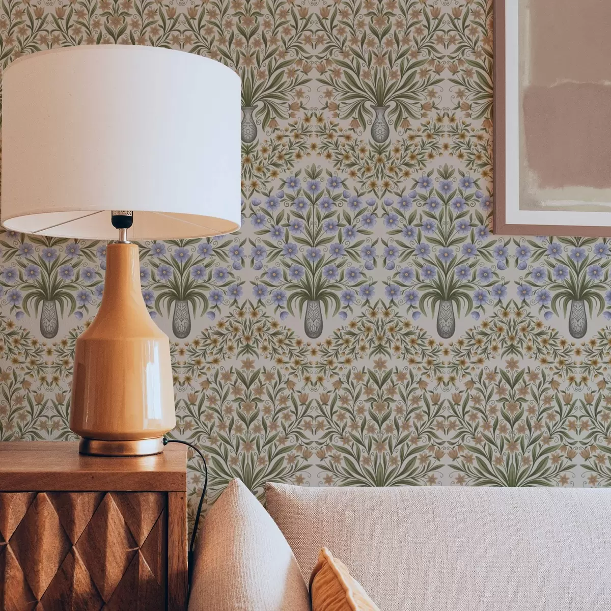 Wallpaper Vaze populare cu flori albastre și frunze de măslin pe fond roz a00900