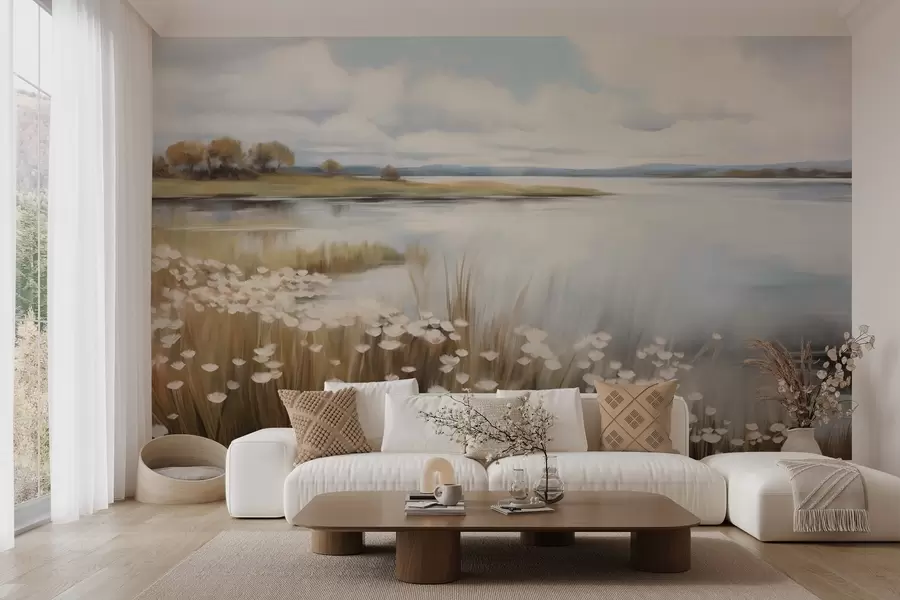 fototapet Peisaj texturat, câmp cu flori albe și iarbă înaltă, un lac în fundal, un deal înierbat cu copaci, culori delicate w09530