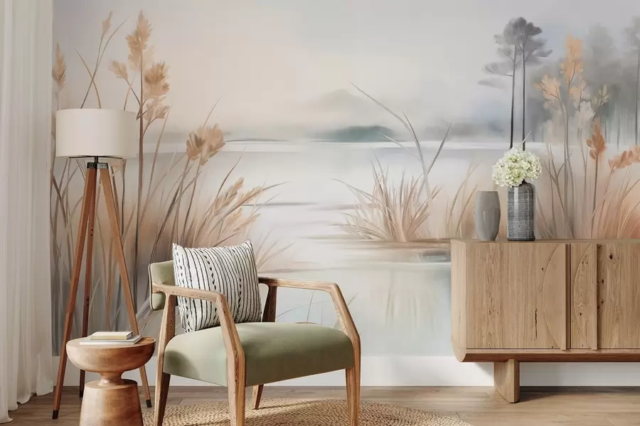 fototapet Peisaj cu un lac și iarbă înaltă în prim-plan, munți în fundal, culori delicate, texturat w09534