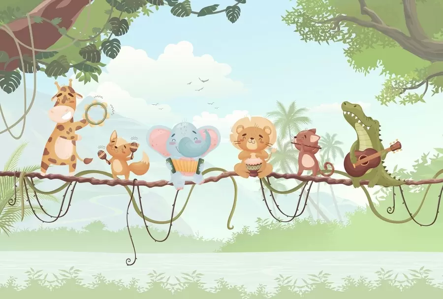 fototapet Animale cu instrumente muzicale pe fundalul unui peisaj tropical w04505