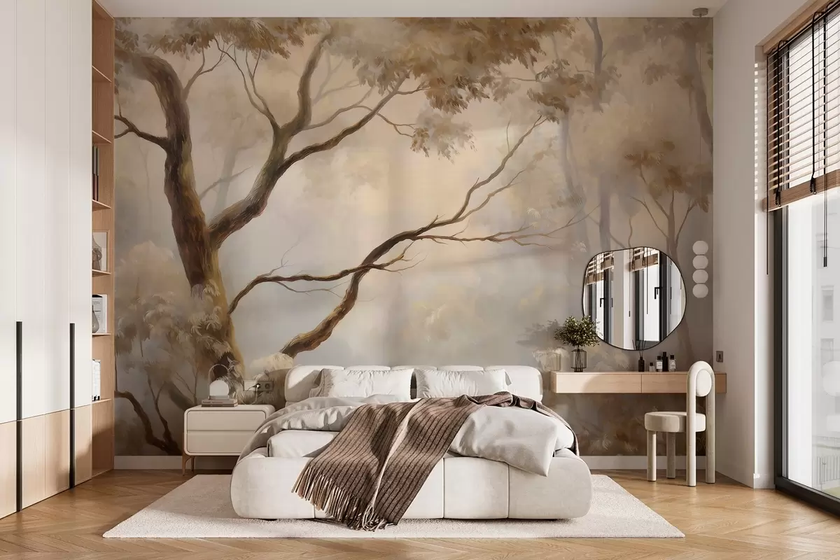 fototapet Pădurea în ceața ușoară a dimineții. O pictură delicată, atmosferică, în stilul unui peisaj artistic. w04817