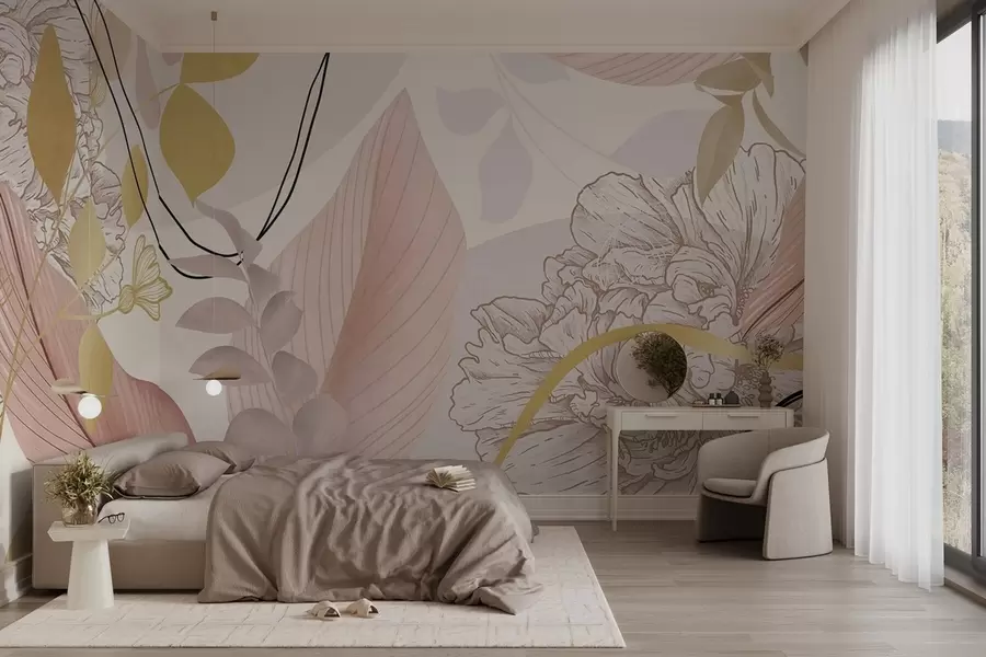 fototapet Imprimeu floral abstract cu frunze mari în nuanțe de roz pal, galben cu linii subțiri negre și contururi florale albe w09544v1