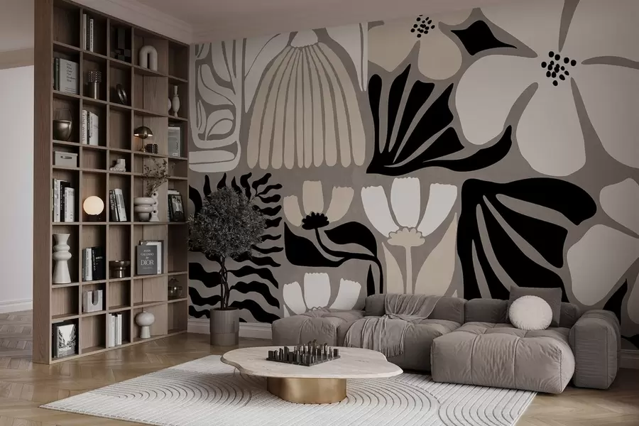 fototapet Flori și frunze stilizate în stil minimalist modern, în culori bej, negru și alb, texturate pe un fundal gri w09547