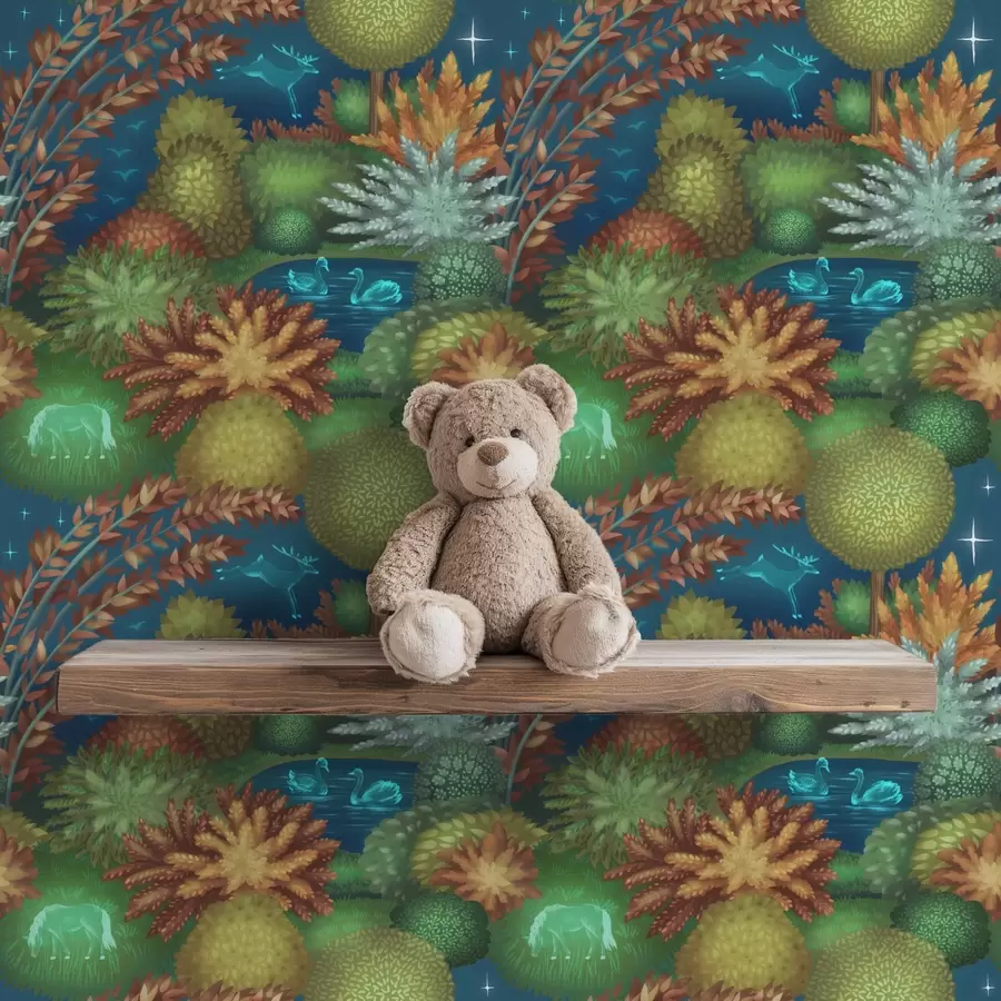 fototapet Grădină de basm nocturnă cu lac și animale strălucitoare a00851