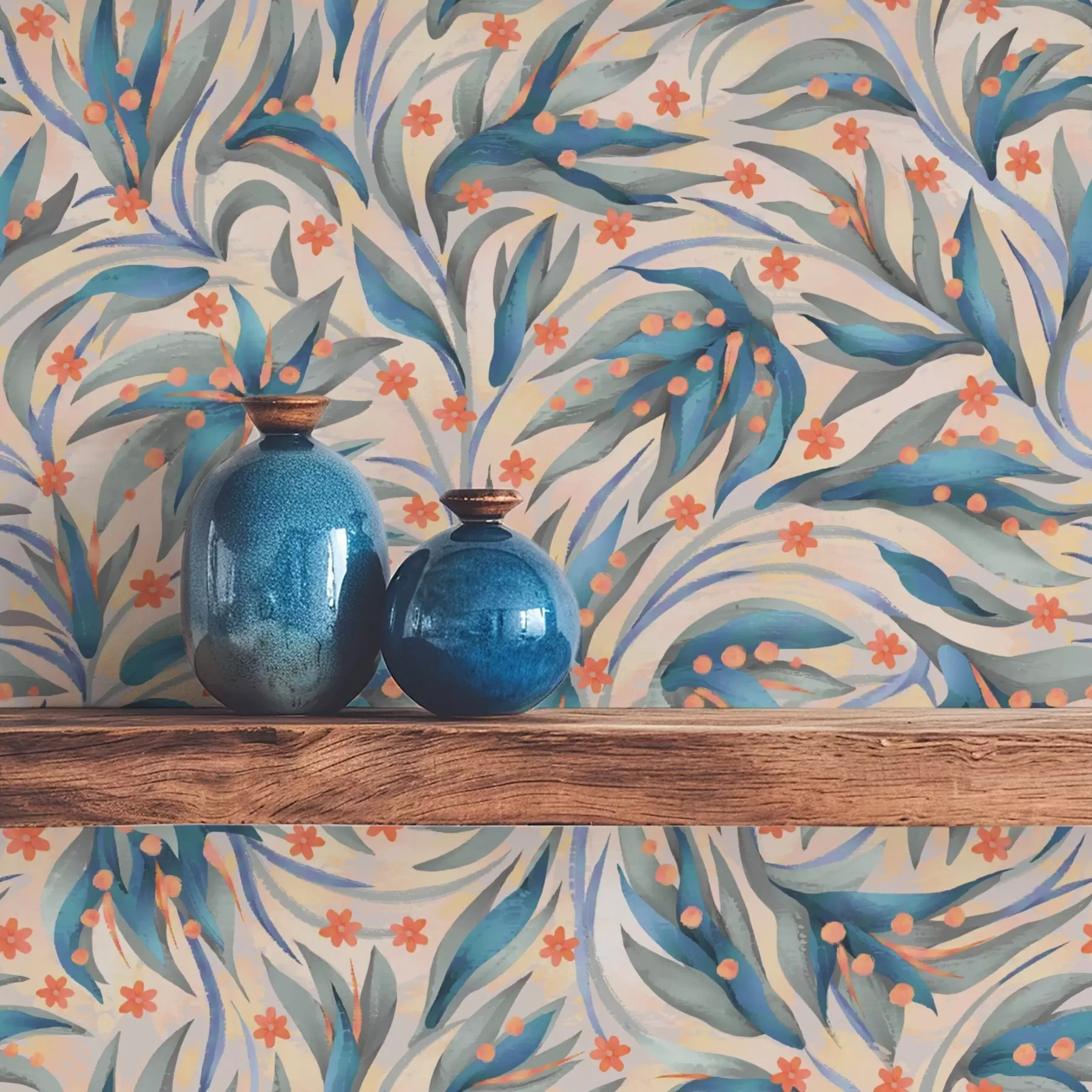 fototapet Frunziș albastru abstract cu flori de coral a00852