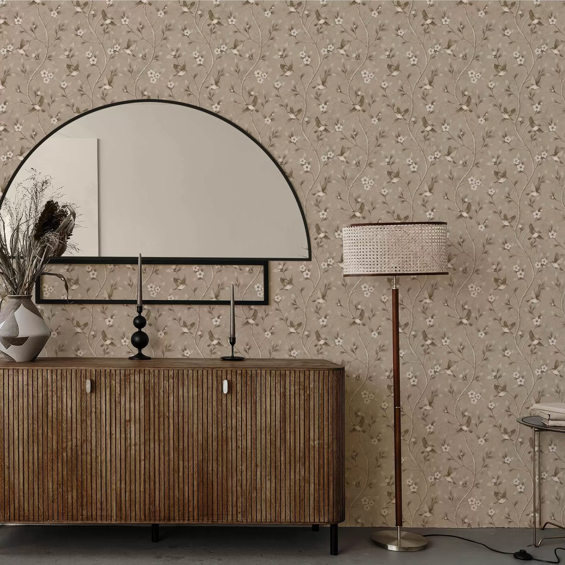 fototapet Păsări și ramuri înflorite în tonuri calde de sepia a00882