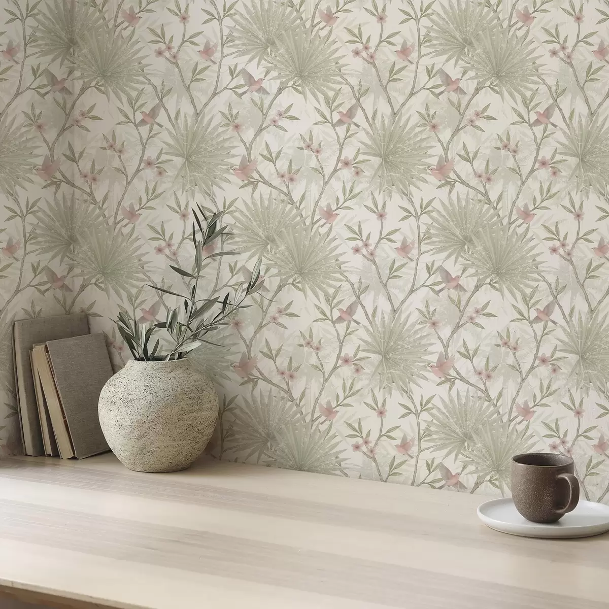 Wallpaper Păsări delicate de culoare roz printre frunzele de palmier a00883