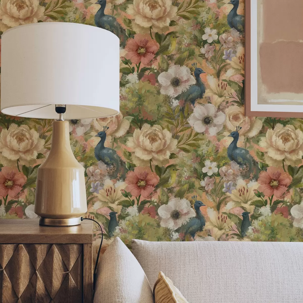 Wallpaper Grădină picturală cu păuni și flori mari a00885