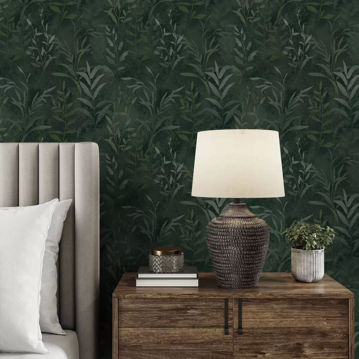 Wallpaper Fundal verde închis cu ramuri de frunze translucide a00888