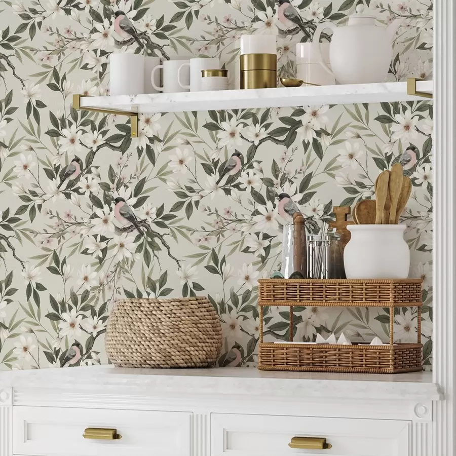 fototapet Cinte cu piept alb pe ramuri cu flori crem a00889