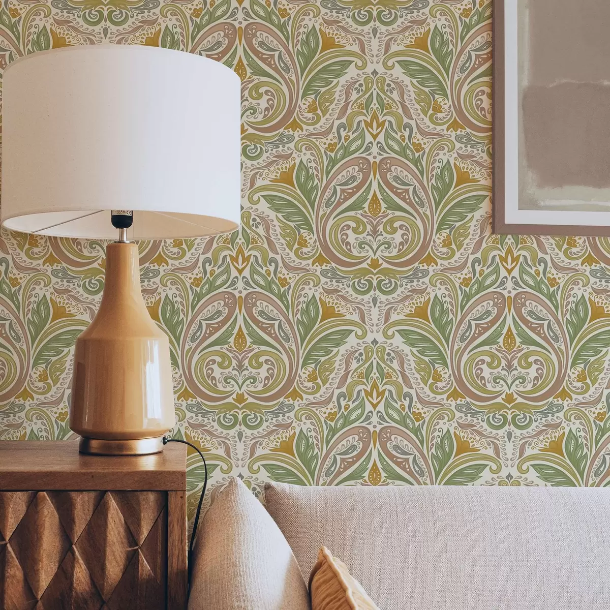 Wallpaper Ornamente cu frunze în spirală în tonuri de verde și teracotă a00927v1