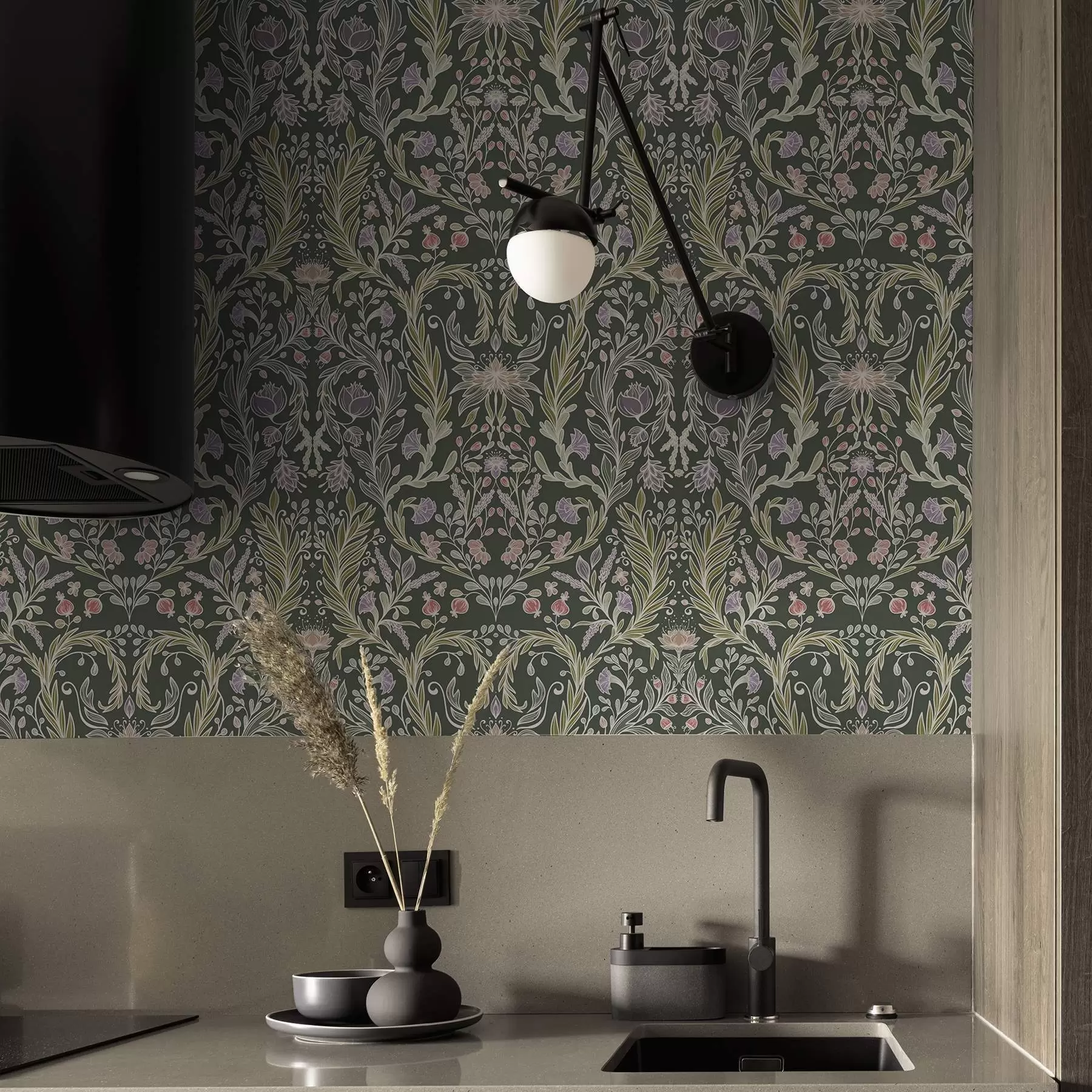 fototapet Ornament floral simetric pe fond verde închis a00928