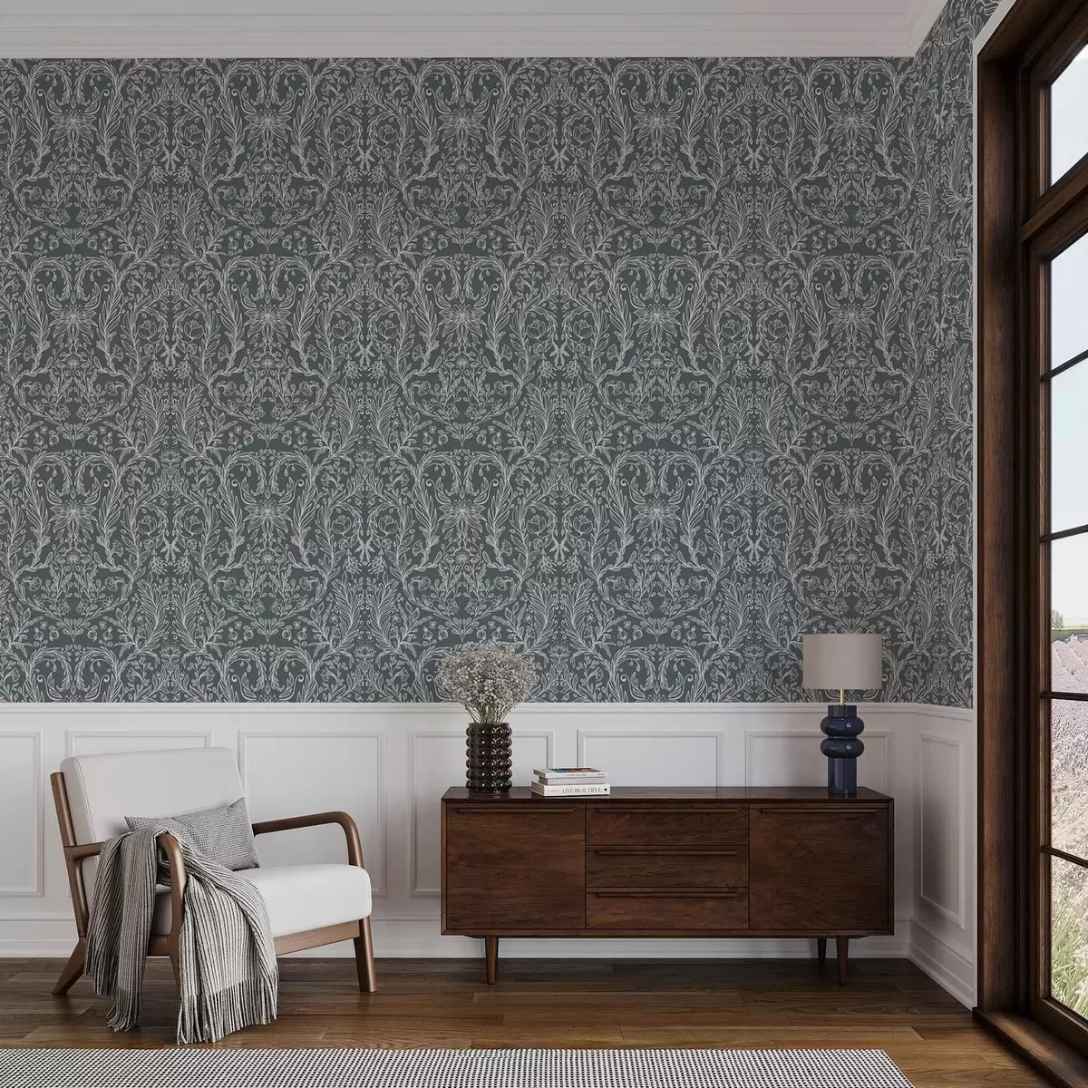 Wallpaper Ornament floral liniar pe fond albastru-cenușiu a00929v1