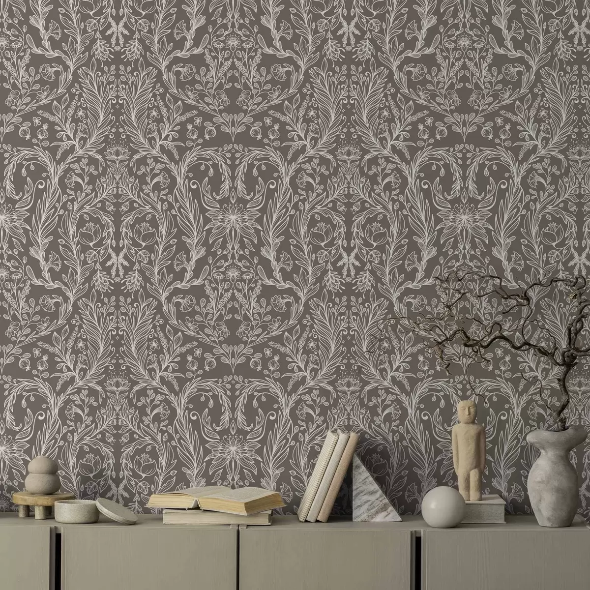 Wallpaper Model botanic monocromatic pe fond maro cald a00929v2