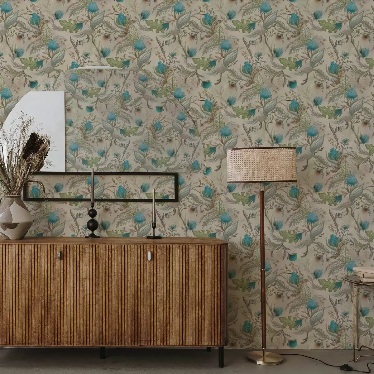 Wallpaper Muguri și frunze albastre pe un fundal bej deschis a00930