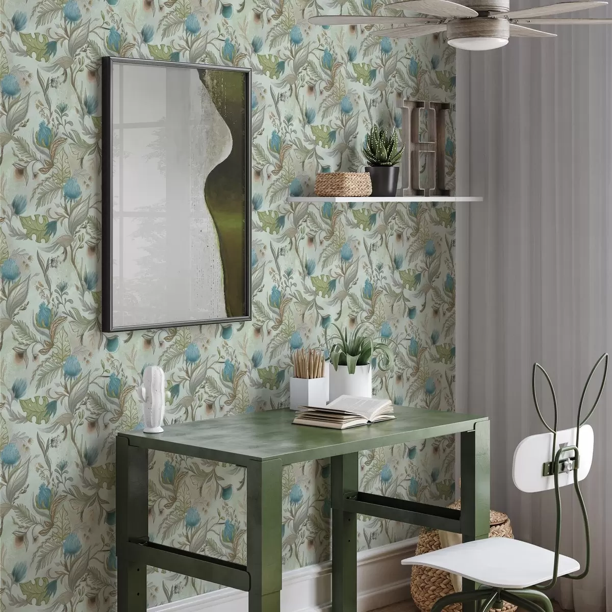 Wallpaper Flori albastre și verdeață pe un fundal de mentă delicată a00930v1