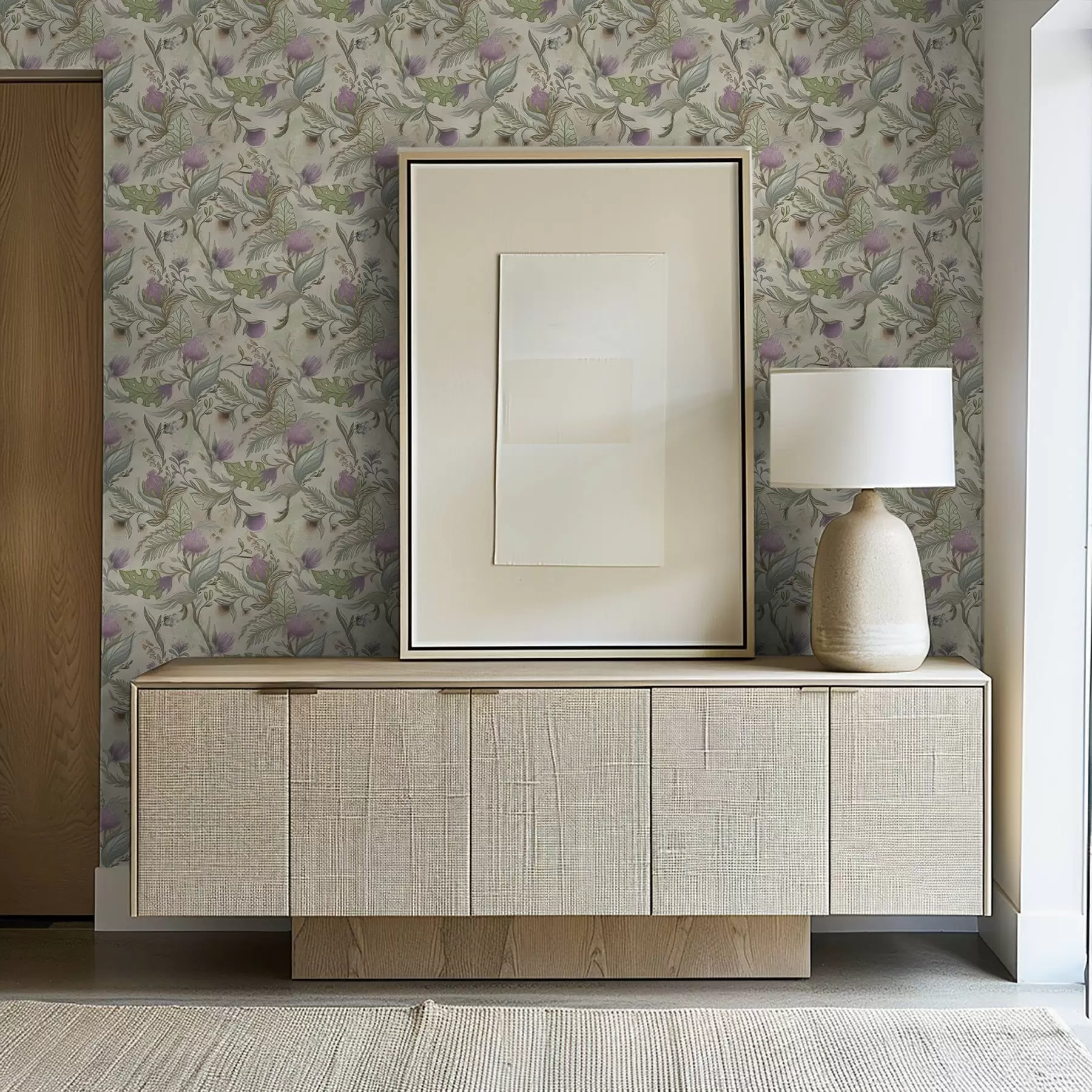 fototapet Muguri de liliac și verdeață delicată pe fond crem a00930v2