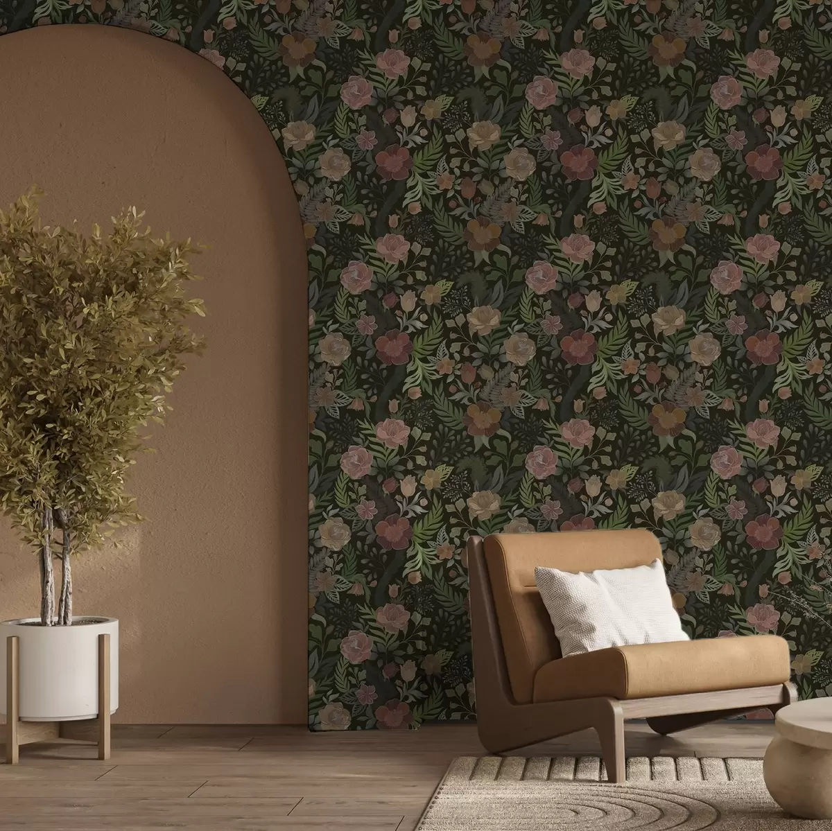 Wallpaper Flori bogate și verdeață pe un fundal întunecat intens a00932