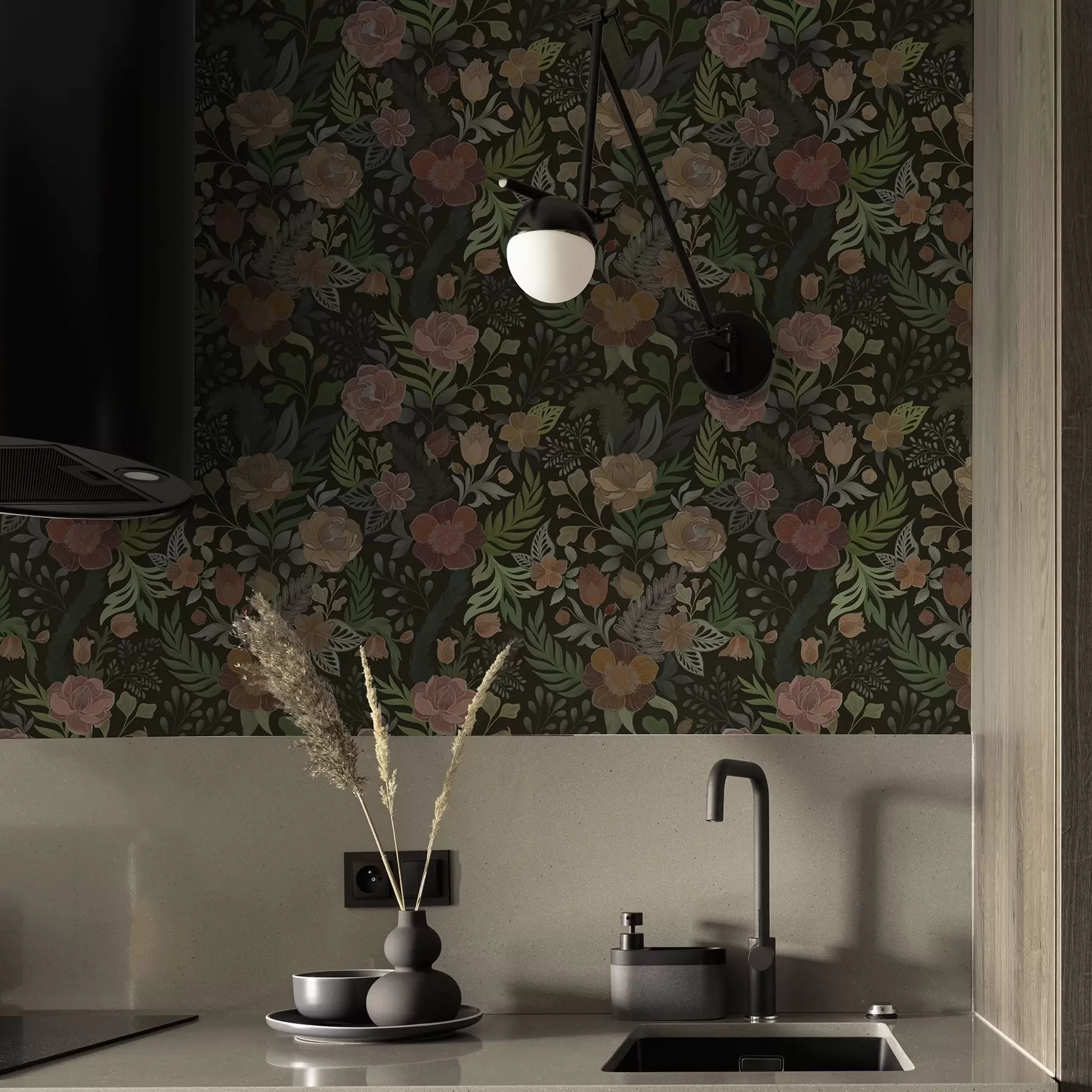 fototapet Flori bogate și verdeață pe un fundal întunecat intens a00932