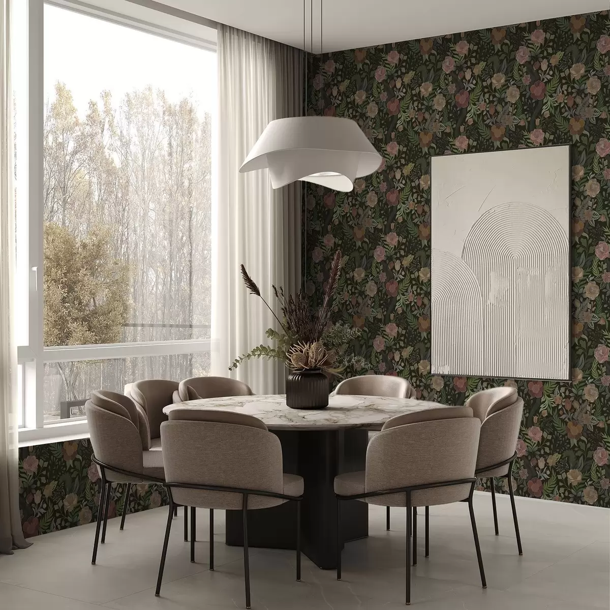 Wallpaper Flori bogate și verdeață pe un fundal întunecat intens a00932