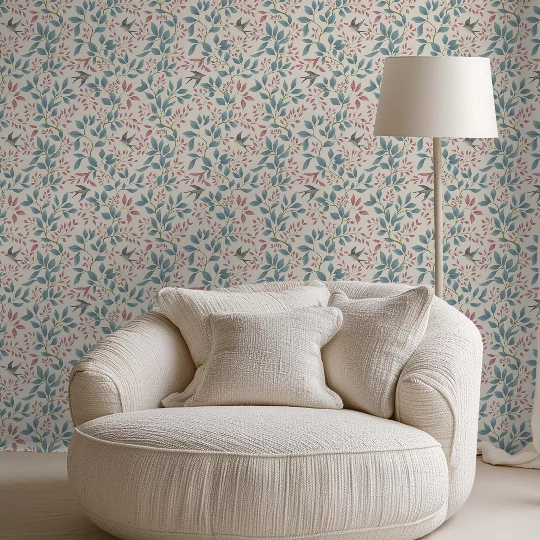 fototapet Ramuri albastre și roz cu păsări pe un fundal crem a00933