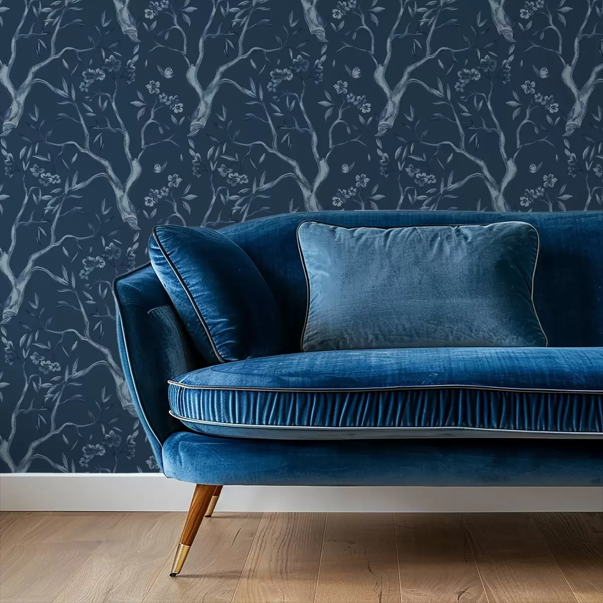 Wallpaper Ramuri cu flori albastre și fluturi pe un fundal întunecat a00951v1