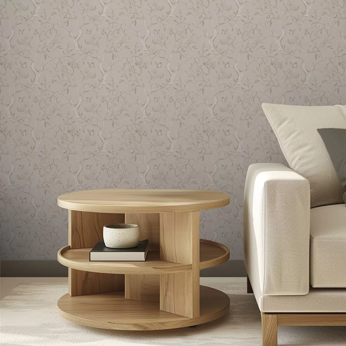 Wallpaper Ramuri înflorite bej cu fluturi pe un fundal moale a00951v2