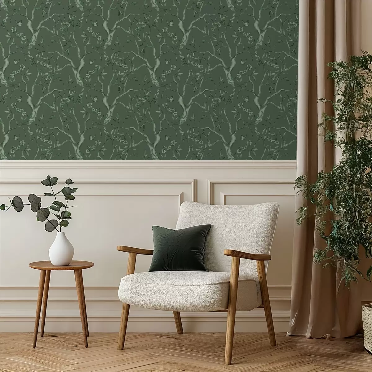 Wallpaper Ramuri înflorite verzi cu fluturi pe un fundal intens a00951v3