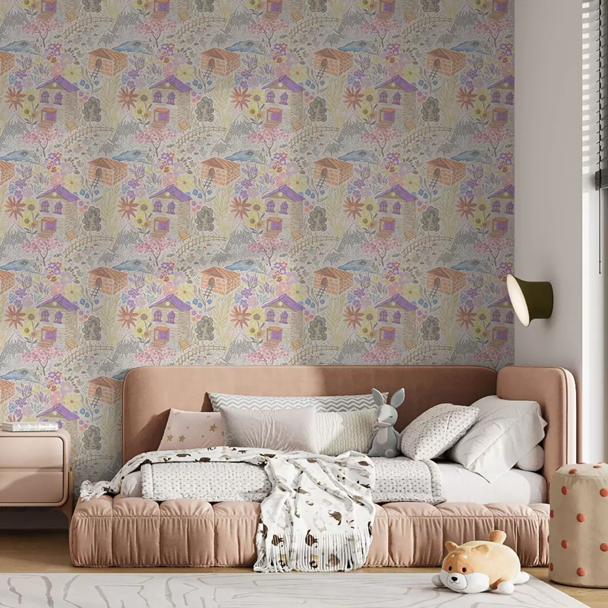 Wallpaper Desen copilăresc cu o casă, munți și flori a00952