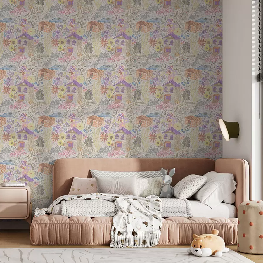 fototapet Desen copilăresc cu o casă, munți și flori a00952