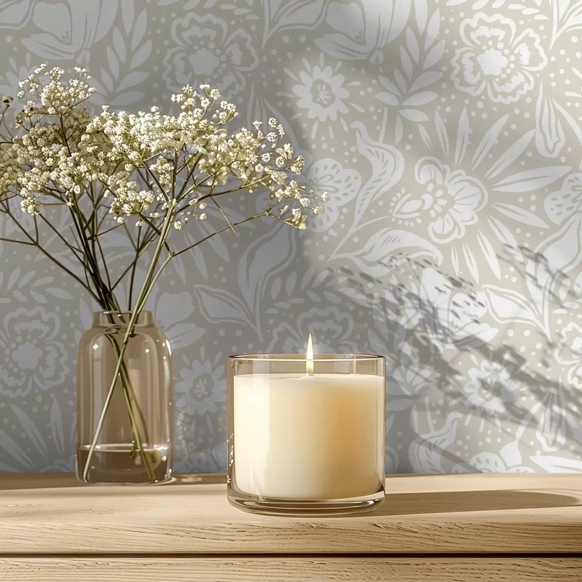 Wallpaper Ornament floral liniar alb pe fond bej a00956