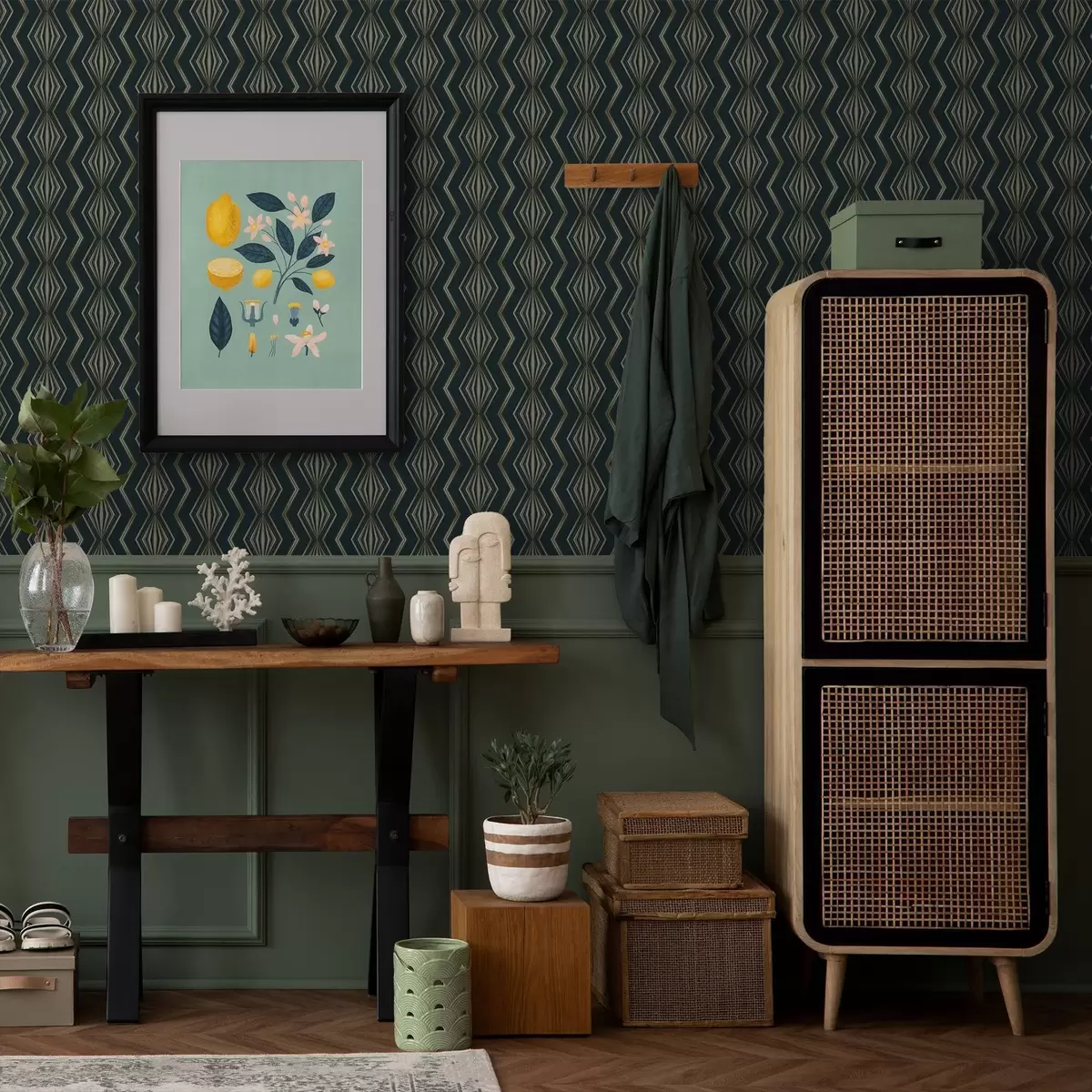 Wallpaper Model geometric cu romburi de culoare verde-albastru închis a00973v1