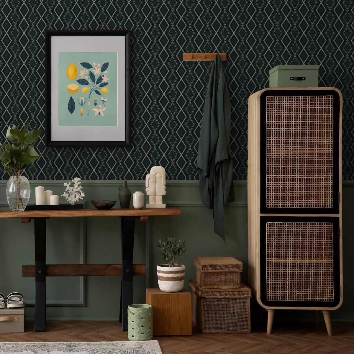 Wallpaper Fundal verde-albastru închis cu un model repetitiv în formă de romburi a00975v1