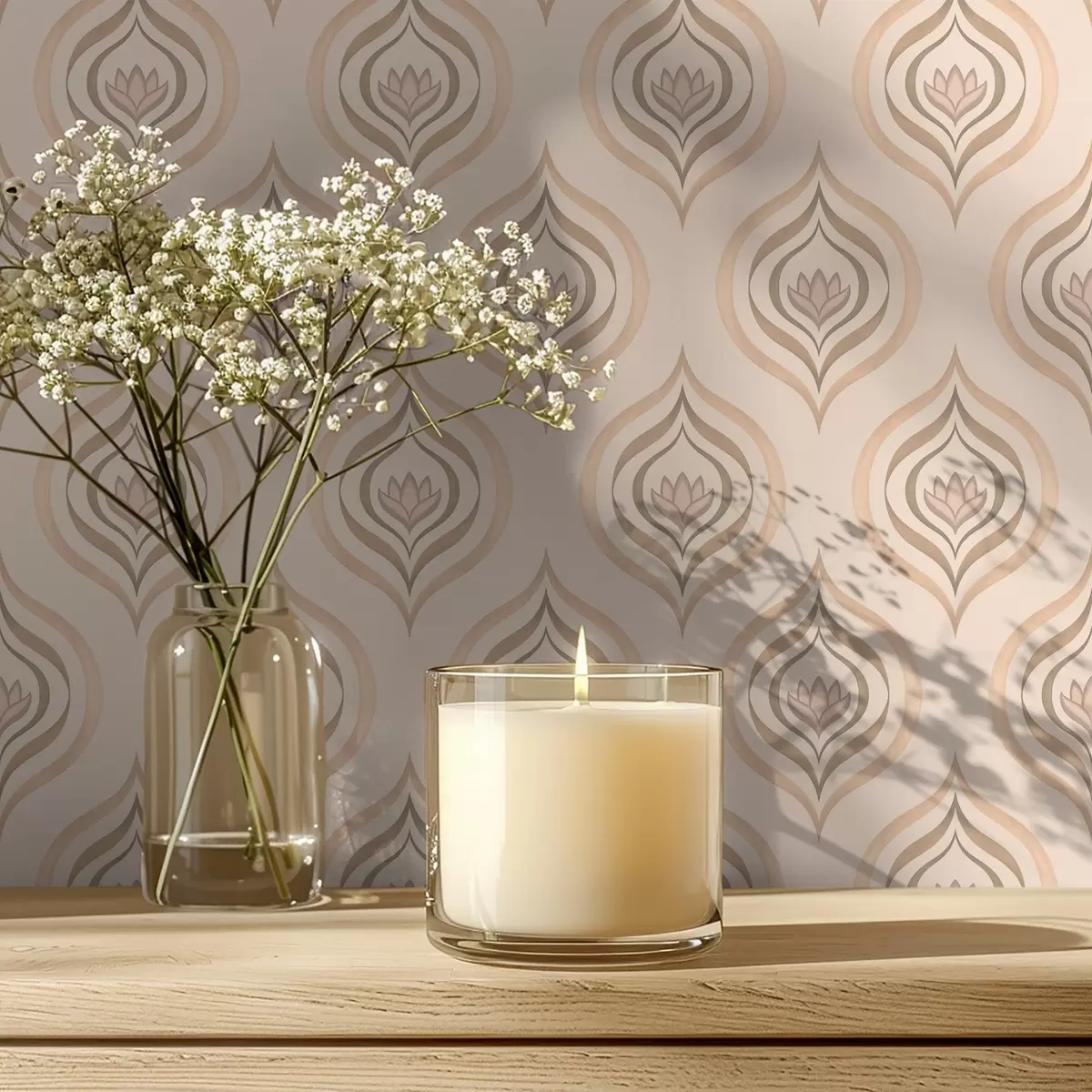 Wallpaper Motivele cu picături pudrate și o floare pe un fundal cald a00977v2