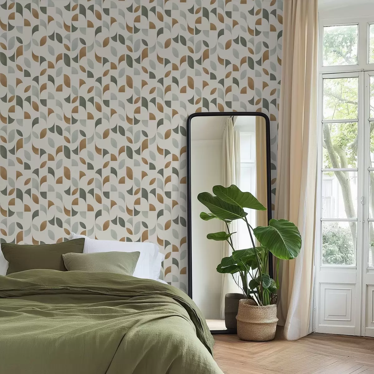 Wallpaper Semicercuri abstracte și frunze în verde și teracotă a00985