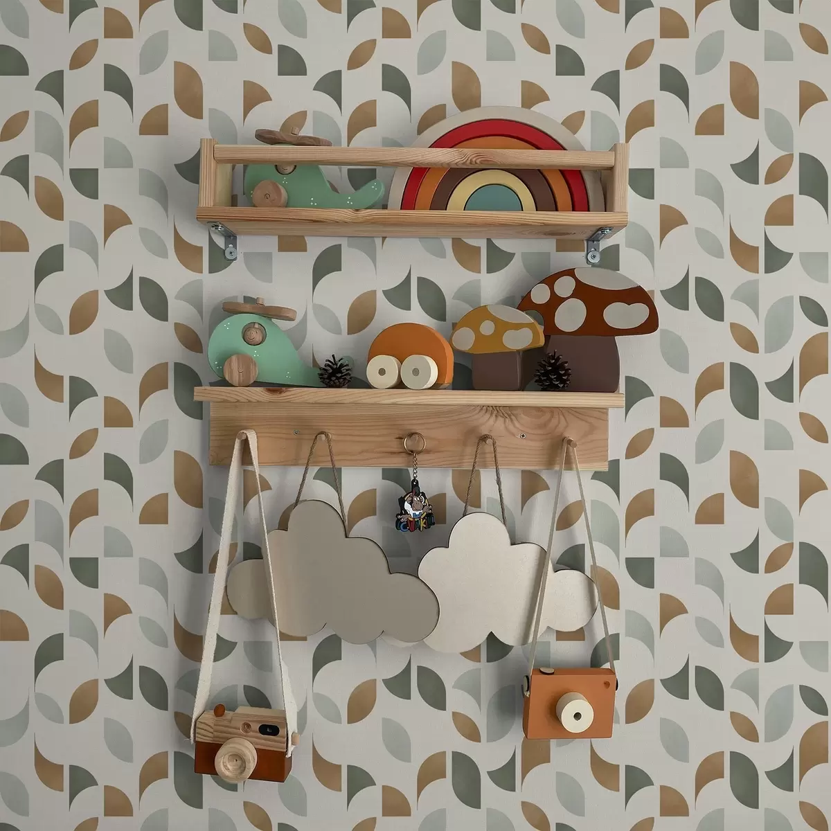 Wallpaper Semicercuri abstracte și frunze în verde și teracotă a00985