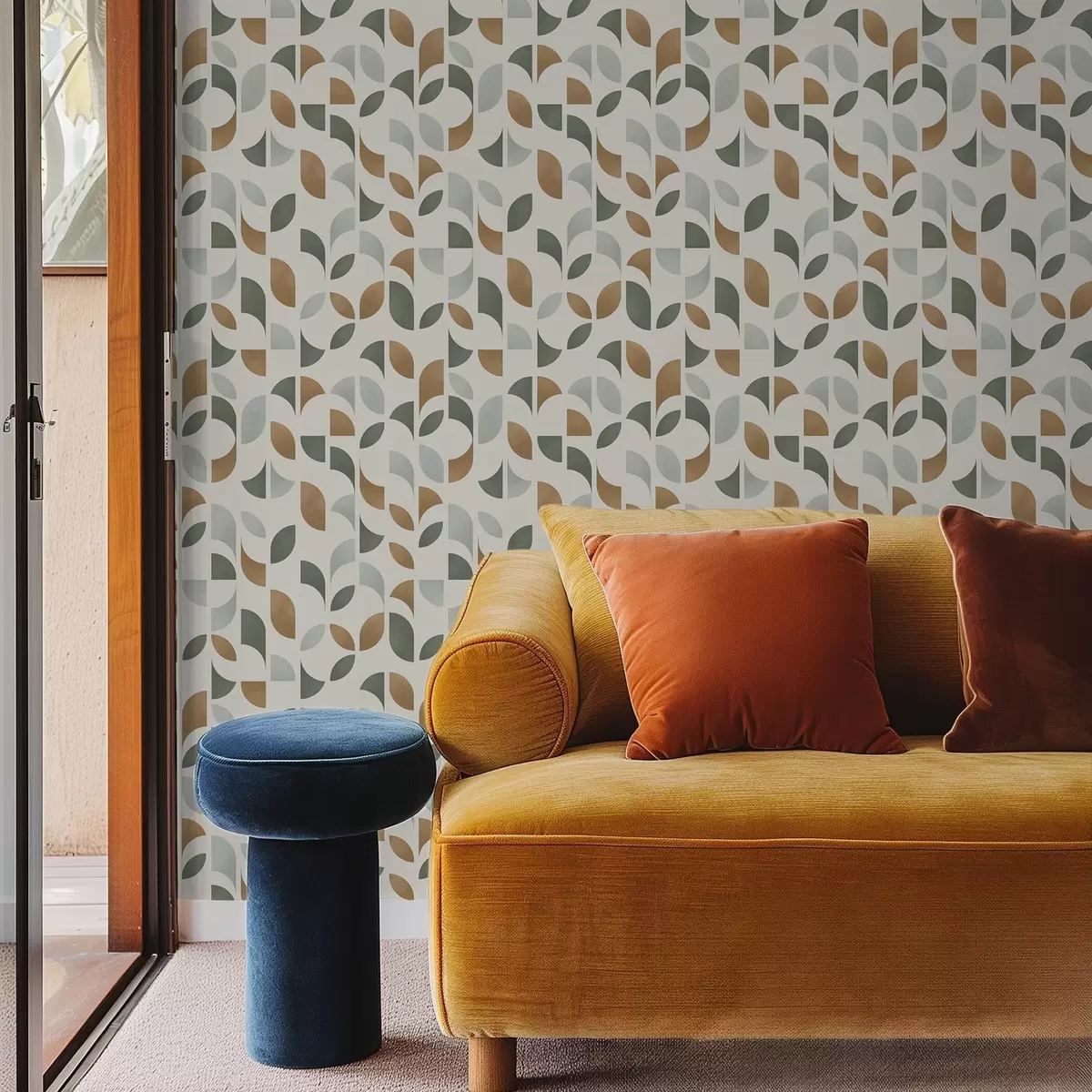 Wallpaper Coloane verticale din semicercuri și frunze, verde-teracotă a00986