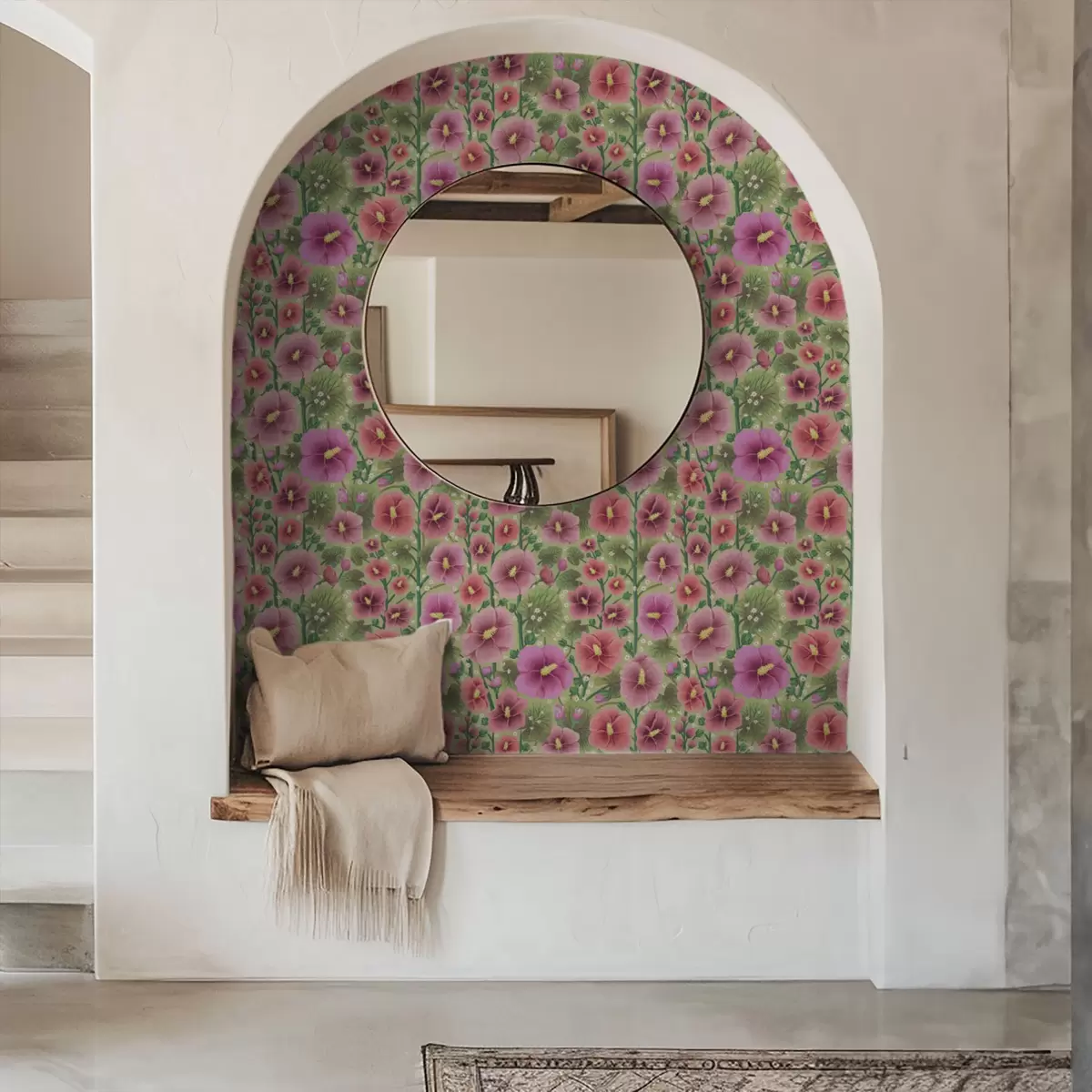 Wallpaper Flori mari de hibiscus și frunze pe un fundal verde închis a00993