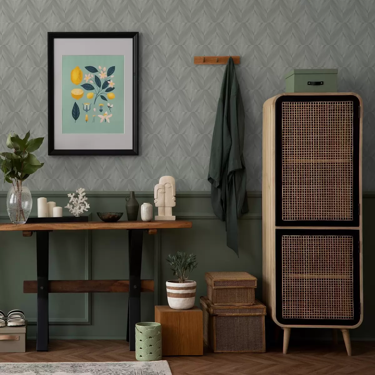 Wallpaper Linii diagonale care formează pătrate într-o paletă de culori gri mentă a00983v1