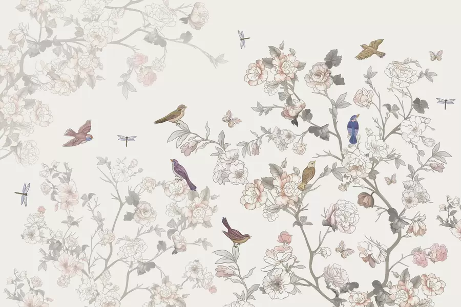 fototapet Păsări lângă ramuri cu flori w04939