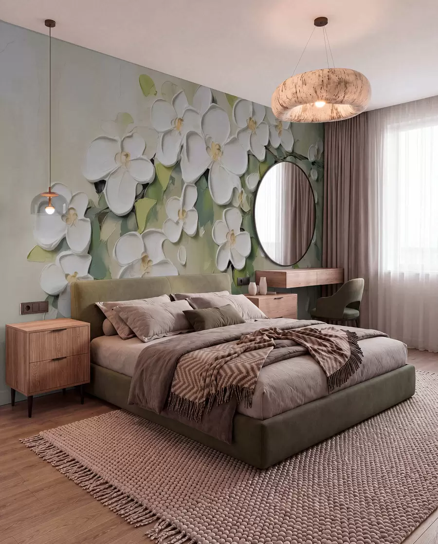 fototapet Flori albe pe verde măsliniu w04978
