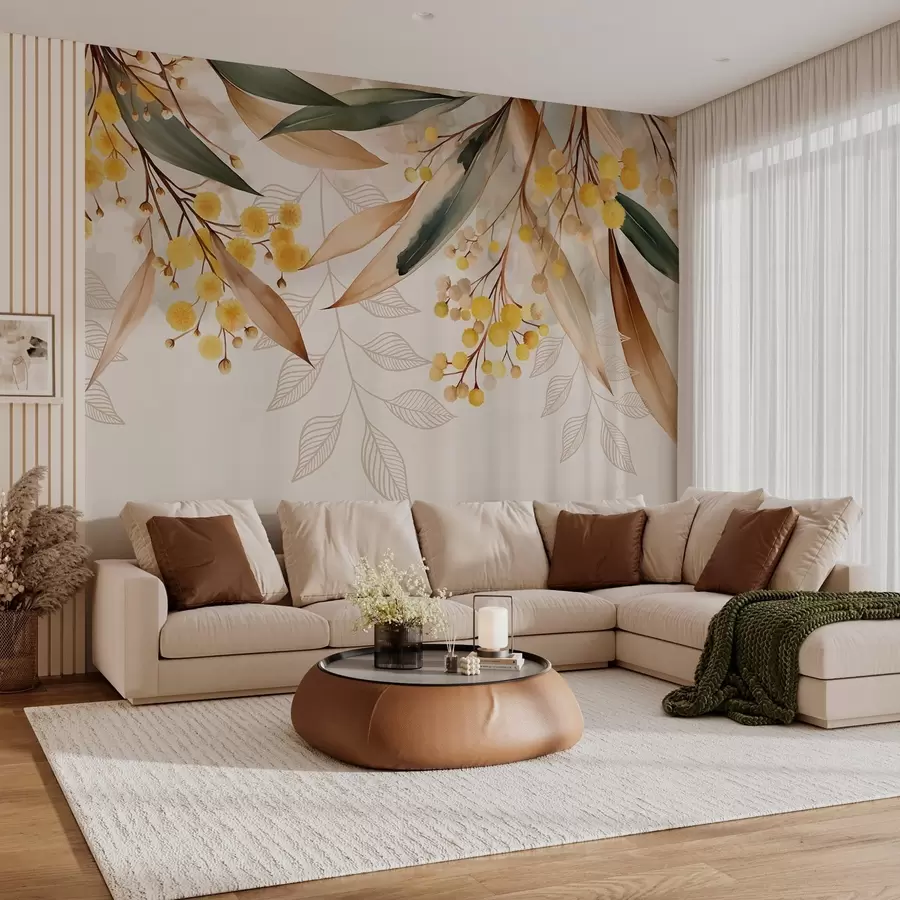 fototapet flori și frunze de mimoză căzând de sus în stil acuarelă w04880